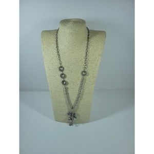 Chicos Long Statement Necklace Grey Ribbon Silver Tone Tassel Charms Dangle